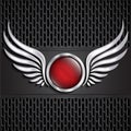 winged glossy red dot symbol dark grid background Royalty Free Stock Photo