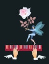 Winged hands above multi-colored piano keys and dancing elf with transparent wings and a beautiful pink rose in hands Royalty Free Stock Photo