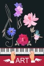 Winged hands of musician playing on concert black piano, small young fairy dancing with pink flower, floral treble clef Royalty Free Stock Photo