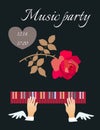 Winged hands on piano keyboard and falling red rose isolated on black background in vector. Royalty Free Stock Photo