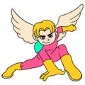 The winged handsome male superhero with super powers, doodle icon image kawaii