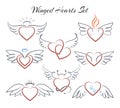 Winged heart set. Hearts with wings in doodle style vector illustration isolated on white background Royalty Free Stock Photo