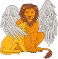Winged Lion With Cub Under Its Wing Drawing Royalty Free Stock Photo