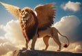 A winged lion flying over golden clouds Royalty Free Stock Photo
