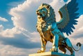 A winged lion flying over golden clouds Royalty Free Stock Photo