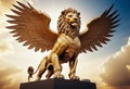 A winged lion flying over golden clouds Royalty Free Stock Photo