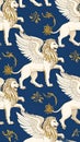 Winged Lion Pattern on Deep Blue Background Royalty Free Stock Photo