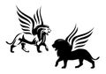 Winged lion side view black and white vector outline and silhouette design set Royalty Free Stock Photo