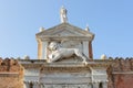 The winged lion of St. Mark on top of The Porta Magna at the Venetian Arsenal. Is the symbol of the city of Venice in Italy and i Royalty Free Stock Photo