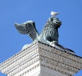 Winged lion statue in piazza san marco in Venice and Seagull in Royalty Free Stock Photo
