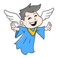 Winged male angel flying into the sky happy face, doodle icon image kawaii