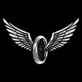 Winged motorcycle wheel on dark background. Design element for logo, label, sign, poster, banner, t shirt.