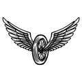 Winged motorcycle wheel on light background. Design for logo, label, sign, poster, banner, t shirt. Vector illustration