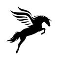 Winged pegasus horse flying up black and white vector silhouette Royalty Free Stock Photo