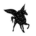 Winged pegasus horse and night sky with stars black and white vector silhouette design Royalty Free Stock Photo