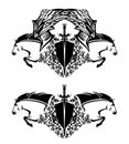 Winged pegasus horses with heraldic shield and knight sword among rose flowers vector design set