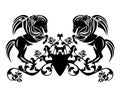 Winged pegasus horses and rose flowers black and white vector heraldic design