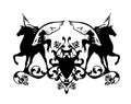 Winged pegasus horses and rose flowers black and white vector heraldic emblem