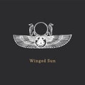 Winged Sun, vector illustration in engraving style. Vintage pastiche of esoteric and occult sign. Drawn sketch.