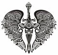 Winged sword logo. Tattoo symbol element with wing and sword