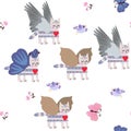 Winged tabby kitty, funny birds, little flowers, blue and pink butterflies on white background seamless pattern for children Royalty Free Stock Photo