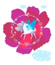 Winged unicorn in round floral frame with little fox, pony and birds against huge pink flower on white background