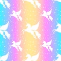 Winged unicorn and stars seamless pattern. Silhouette of a flying unicorn on the starry sky. Silhouette white on a Royalty Free Stock Photo