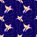 Winged unicorn and stars seamless pattern. Silhouette of a flying unicorn on the starry sky. Rainbow silhouette on a Royalty Free Stock Photo