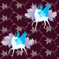 Winged unicorns against virgin vine  leaves ornament on brown background. Seamless pattern Royalty Free Stock Photo