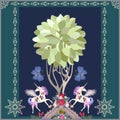 Winged unicorns, big butterflies, tree of life and luxury floral ornament on dark blue background in vector. Naive art.