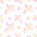 Winged unicorns and roses. Romantic seamless pattern