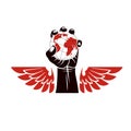 Winged vector emblem composed with raised clenched fist composed with Earth illustration. Authority as the means of global control