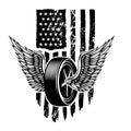 Winged wheel on american flag background. Design element for logo, emblem, sign, poster, t shirt.