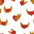 Winging Hearts seamless pattern. Valentine day wallpaper. Hand drawn cartoon cute flying heart in retro vintage style.