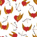 Winging Hearts seamless pattern. Valentine day wallpaper. Hand drawn cartoon flying heart in retro vintage style.