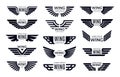 Wings badges. Flying emblem, eagle bird wing and winged frame vector set Royalty Free Stock Photo