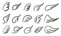 Wings birds and angel. Cartoon doodle bird tattoo wing icon. Feather sketch handdrawn collection