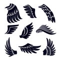 Wings Black Silhouettes Icons Set Isolated on White Background. Birds or Angel Emblem Design Elements Royalty Free Stock Photo