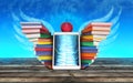 Wings of knowledge. tablet PC, colorful books stacked piles in t Royalty Free Stock Photo