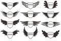 Wings logo. Winged emblems, angel and phoenix wings heraldic symbols, sign for brand, certificate and stickers vintage