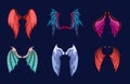 Wings magical and mythical creatures set. Colorful wing with colored feathers and scales symbols of ancient dragons and