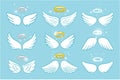 Wings and nimbus. Angel winged glory halo cute cartoon drawings vector illustration