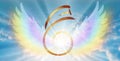 Dai Ko Myo Symbol, Dumo Symbol, Spiritual guidance, Angel of light and love doing a miracle on sky, rainbow angelic wings Royalty Free Stock Photo