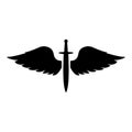 Wings and sword symbol cadets Winged blade weapon medieval age Warrior insignia Blazon bravery concept icon black color vector