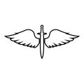 Wings and sword symbol cadets Winged blade weapon medieval age Warrior insignia Blazon bravery concept icon outline black color