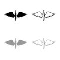 Wings and sword symbol cadets Winged blade weapon medieval age Warrior insignia Blazon bravery concept icon outline set black Royalty Free Stock Photo