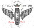 Wings tires t-shirt graphic design vintage motor clipart illustration original fashion art set wallpaper print Royalty Free Stock Photo