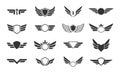 Wings  collection. Winged emblems, frames, icons, angel and phoenix wings. Vector symbolic black wings isolated on white Royalty Free Stock Photo