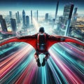 wingsuit skydiving and flying into a large city concept