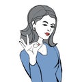 Wink face. Beautiful woman shows OK sign. Vector illustration.